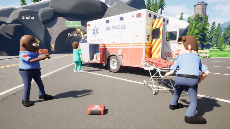 Emergency Buddies crew preparing a stretcher beside a white ambulance