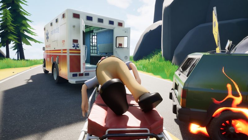 Emergency Buddies patient on a stretcher near an ambulance and a damaged car
